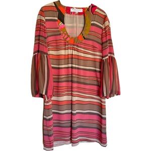 Trina Turk Pink Brown Cream Striped 3/4 Sleeves Silk Mini Summer Dress Size 6